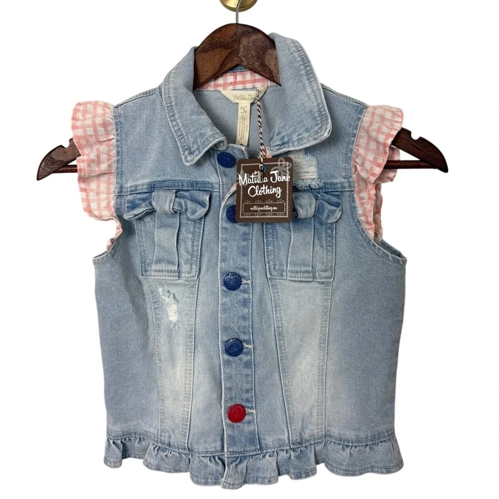 NWT Matilda Jane Denim Vest Girls 8 Light‎ Blue Pink Gingham Girlie Ruffle Bow